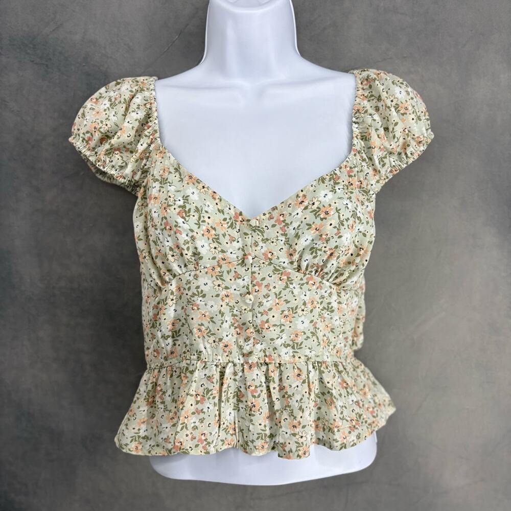 E + M Boho Floral‎ Babydoll Top Green Small New Boho Cottagecore